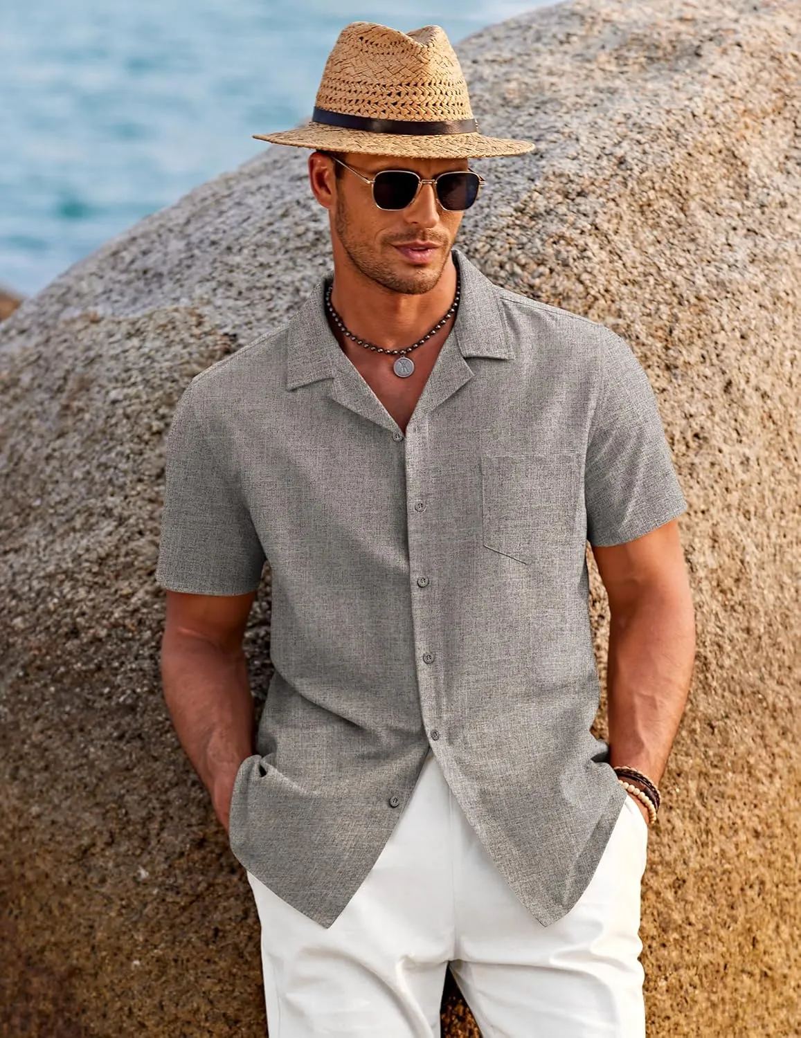 COOFANDY Men's Casual Button Down Shirts Short Sleeve Linen Beach Shirt Cuban Vacation Textured Shirts with Pocket