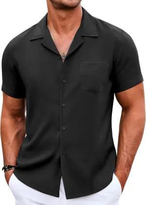 COOFANDY Men's Casual Button Down Shirts Short Sleeve Linen Beach Shirt Cuban Vacation Textured Shirts with Pocket