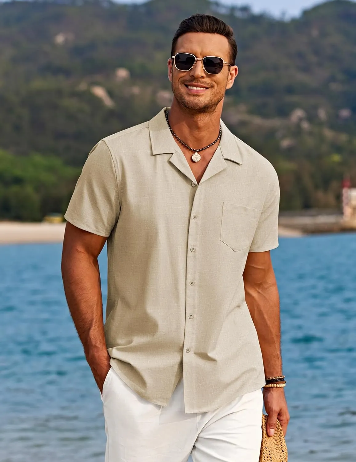 COOFANDY Men's Casual Button Down Shirts Short Sleeve Linen Beach Shirt Cuban Vacation Textured Shirts with Pocket