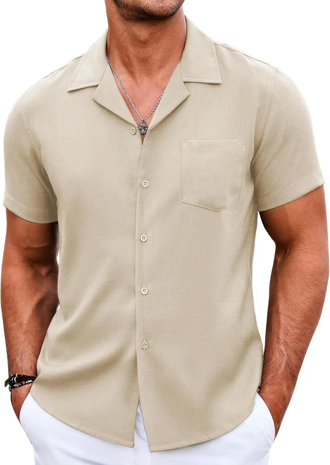 COOFANDY Men's Casual Button Down Shirts Short Sleeve Linen Beach Shirt Cuban Vacation Textured Shirts with Pocket