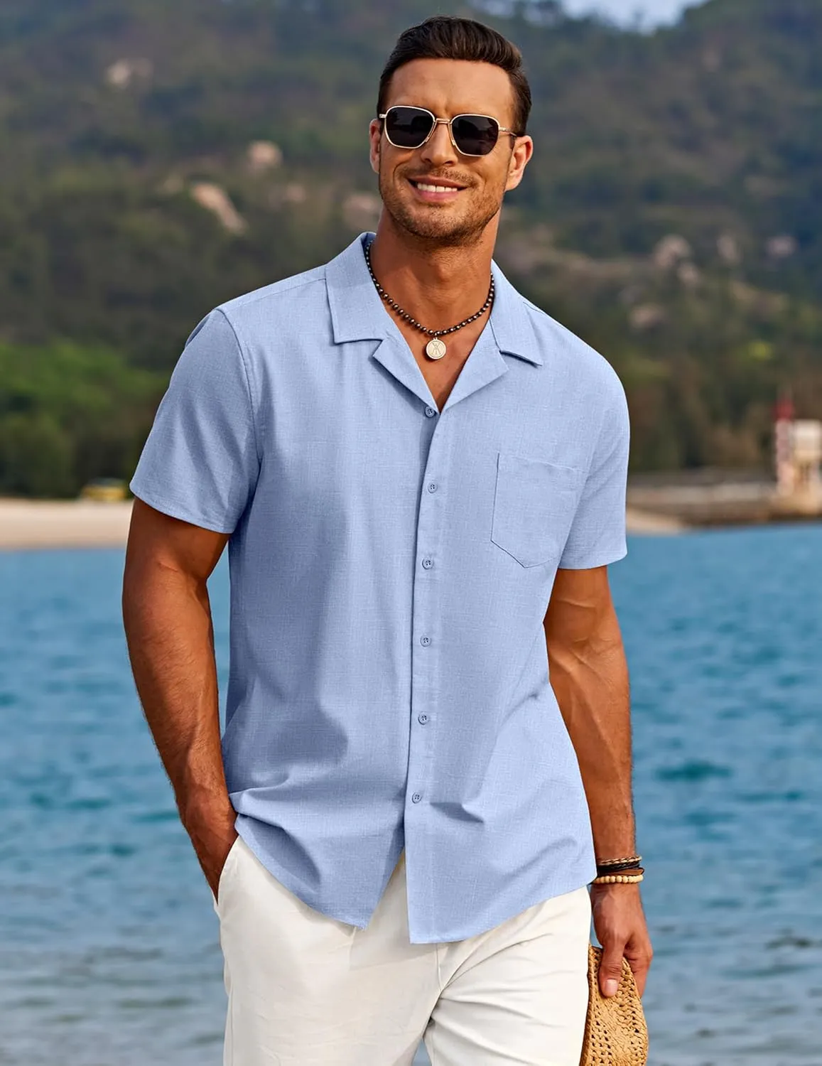 COOFANDY Men's Casual Button Down Shirts Short Sleeve Linen Beach Shirt Cuban Vacation Textured Shirts with Pocket
