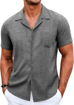 COOFANDY Men's Casual Button Down Shirts Short Sleeve Linen Beach Shirt Cuban Vacation Textured Shirts with Pocket