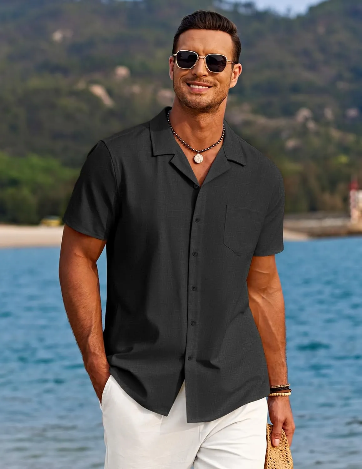 COOFANDY Men's Casual Button Down Shirts Short Sleeve Linen Beach Shirt Cuban Vacation Textured Shirts with Pocket