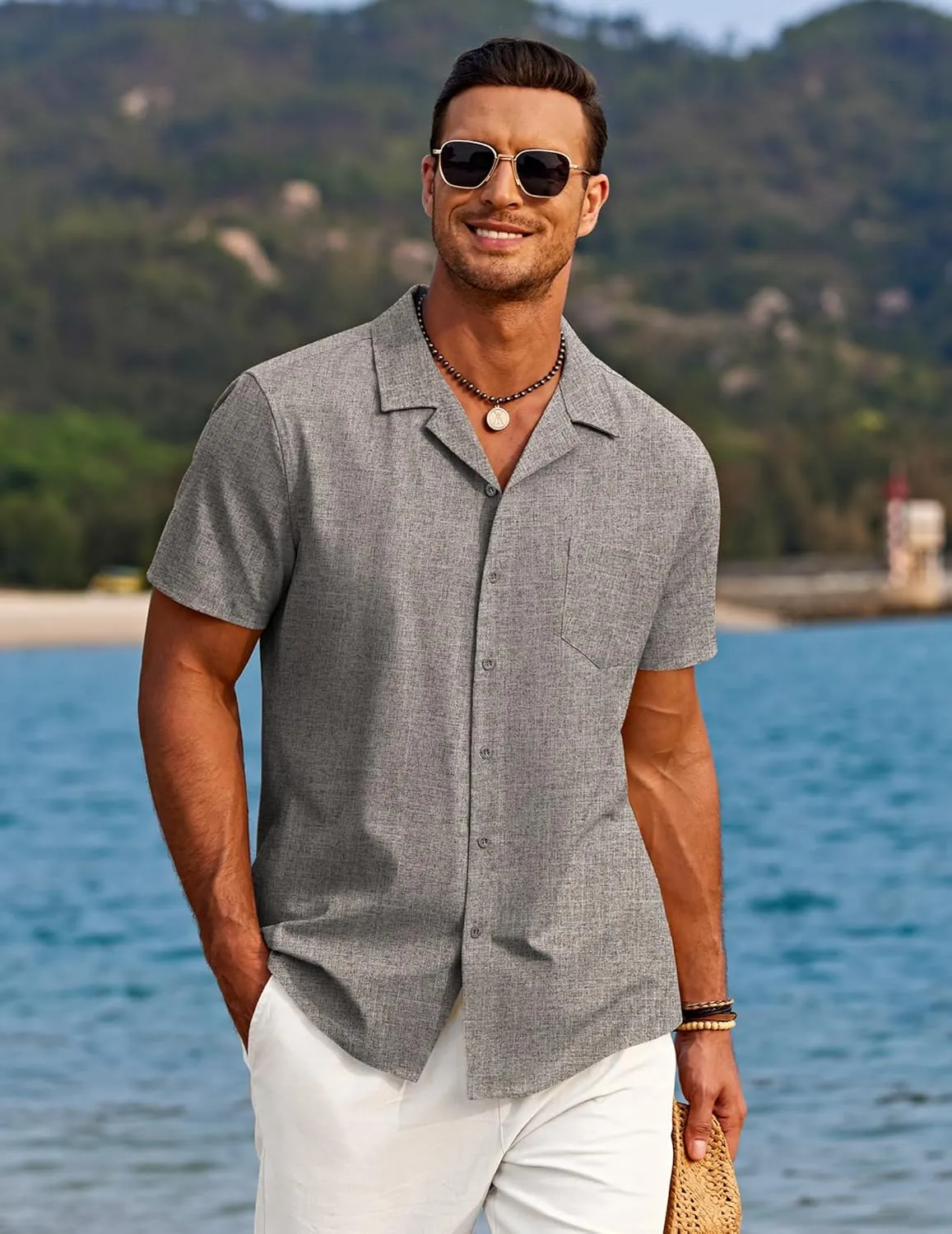 COOFANDY Men's Casual Button Down Shirts Short Sleeve Linen Beach Shirt Cuban Vacation Textured Shirts with Pocket