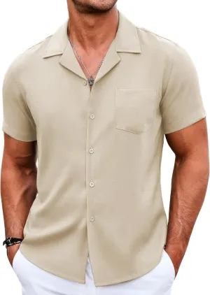COOFANDY Men's Casual Button Down Shirts Short Sleeve Linen Beach Shirt Cuban Vacation Textured Shirts with Pocket