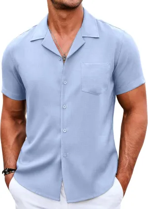COOFANDY Men's Casual Button Down Shirts Short Sleeve Linen Beach Shirt Cuban Vacation Textured Shirts with Pocket