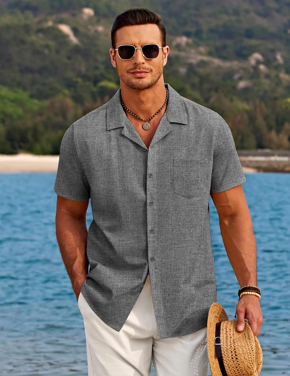 COOFANDY Men's Casual Button Down Shirts Short Sleeve Linen Beach Shirt Cuban Vacation Textured Shirts with Pocket