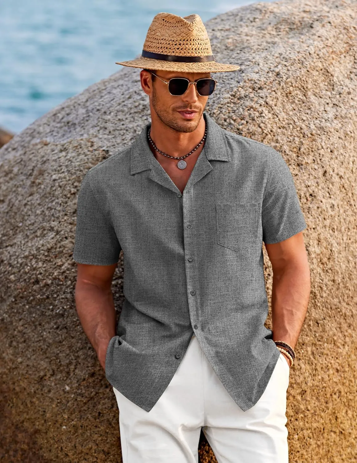 COOFANDY Men's Casual Button Down Shirts Short Sleeve Linen Beach Shirt Cuban Vacation Textured Shirts with Pocket