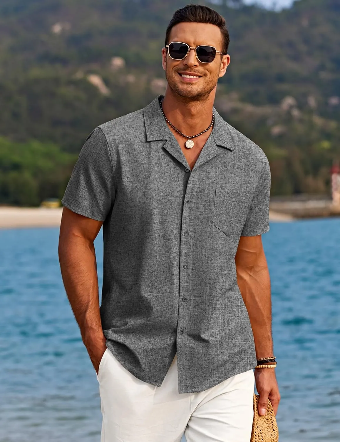 COOFANDY Men's Casual Button Down Shirts Short Sleeve Linen Beach Shirt Cuban Vacation Textured Shirts with Pocket