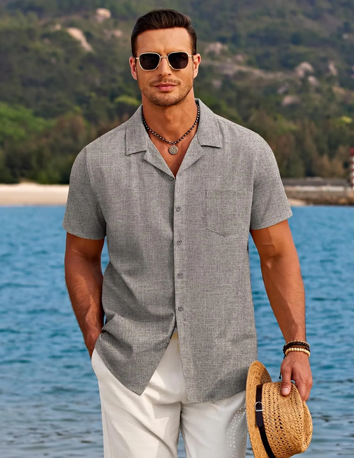 COOFANDY Men's Casual Button Down Shirts Short Sleeve Linen Beach Shirt Cuban Vacation Textured Shirts with Pocket