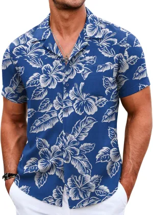COOFANDY Men's Casual Button Down Shirts Short Sleeve Linen Beach Shirt Cuban Vacation Textured Shirts with Pocket