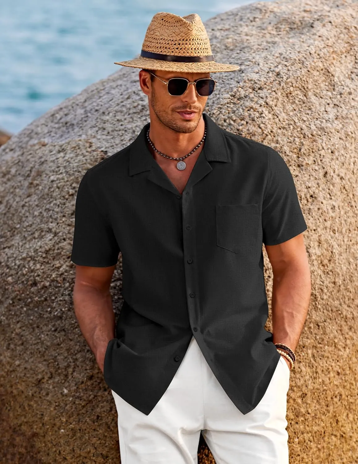 COOFANDY Men's Casual Button Down Shirts Short Sleeve Linen Beach Shirt Cuban Vacation Textured Shirts with Pocket