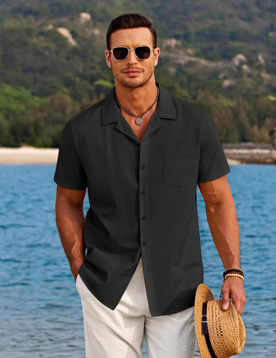 COOFANDY Men's Casual Button Down Shirts Short Sleeve Linen Beach Shirt Cuban Vacation Textured Shirts with Pocket