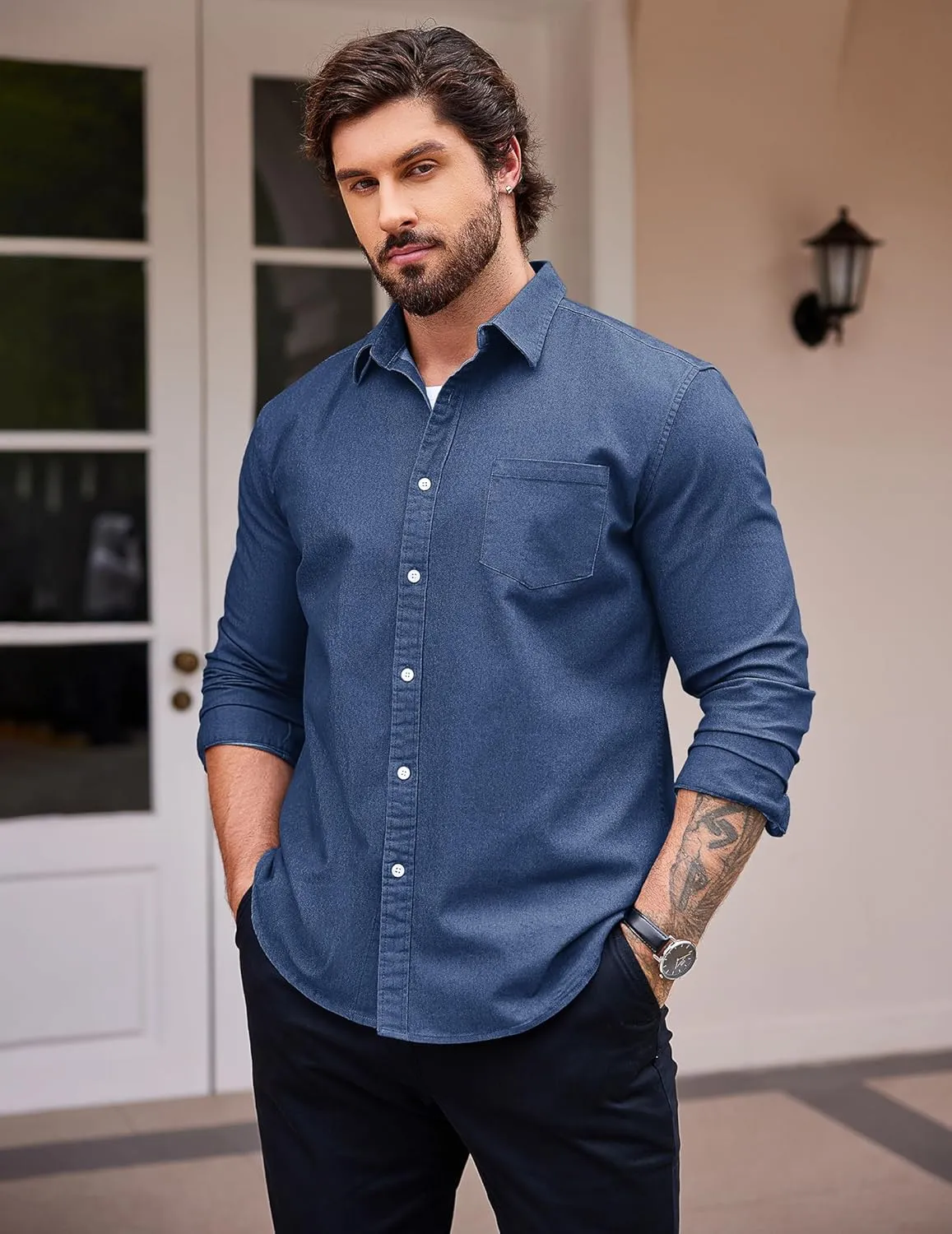 COOFANDY Men's Denim Shirt Long Sleeve Casual Button Down Shirts Western Work Shirt