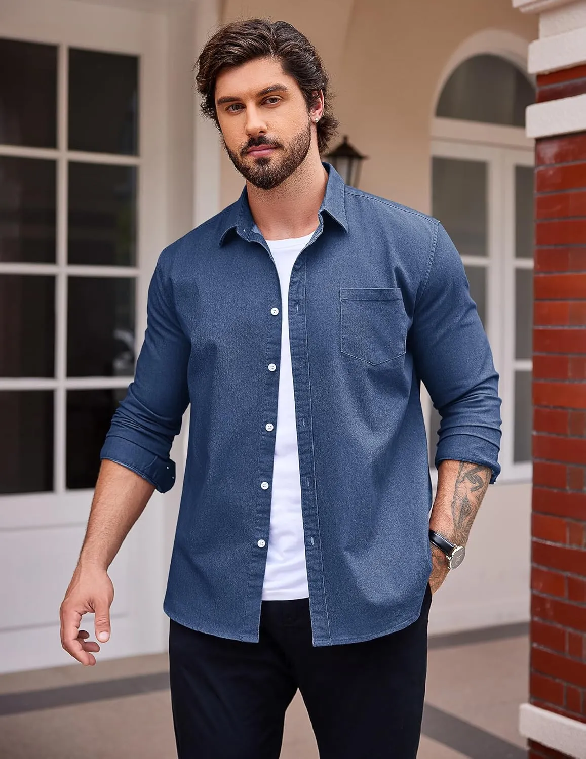 COOFANDY Men's Denim Shirt Long Sleeve Casual Button Down Shirts Western Work Shirt