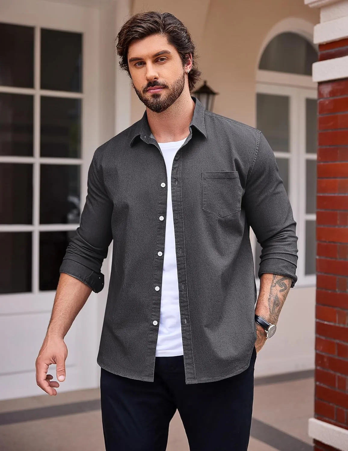 COOFANDY Men's Denim Shirt Long Sleeve Casual Button Down Shirts Western Work Shirt