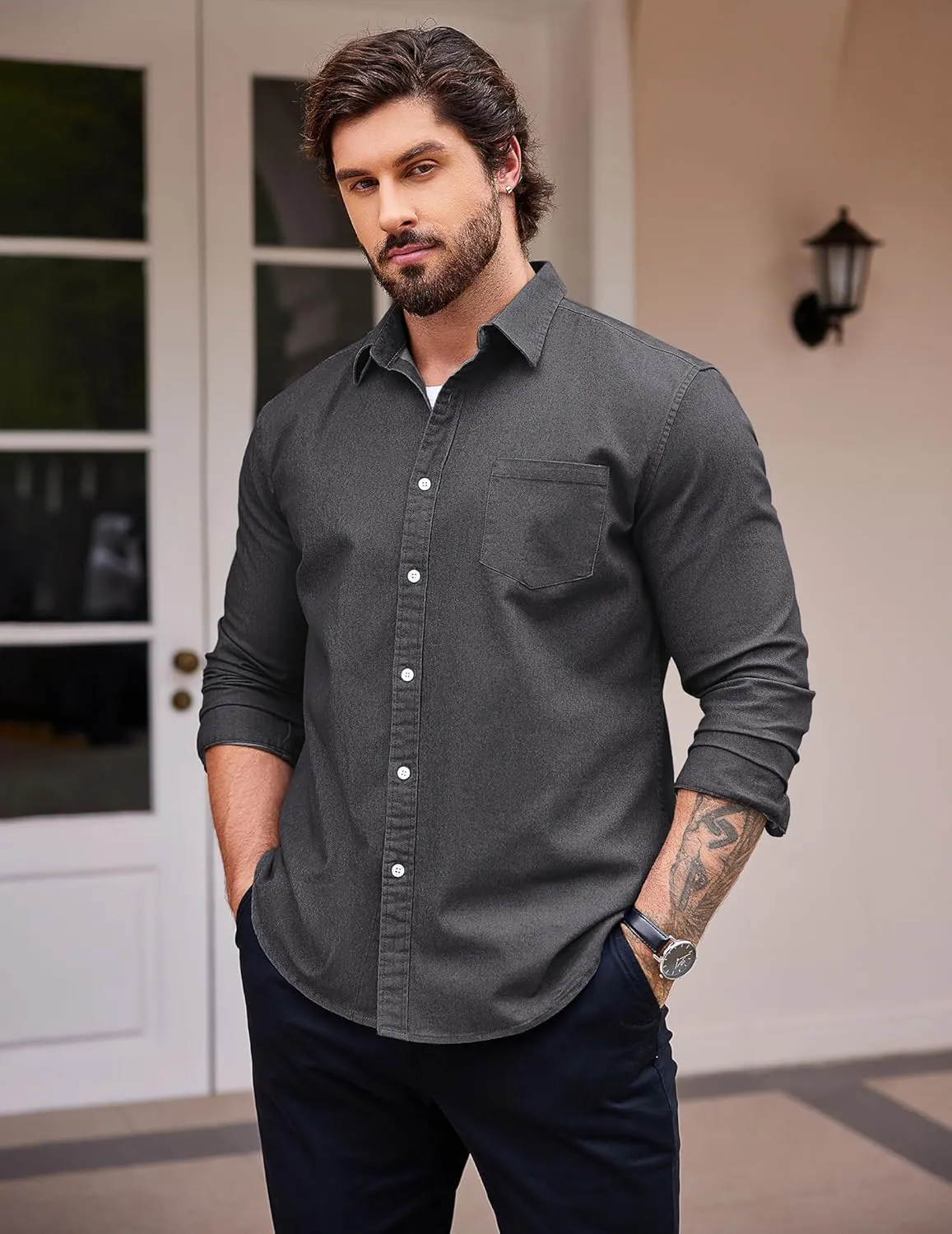 COOFANDY Men's Denim Shirt Long Sleeve Casual Button Down Shirts Western Work Shirt
