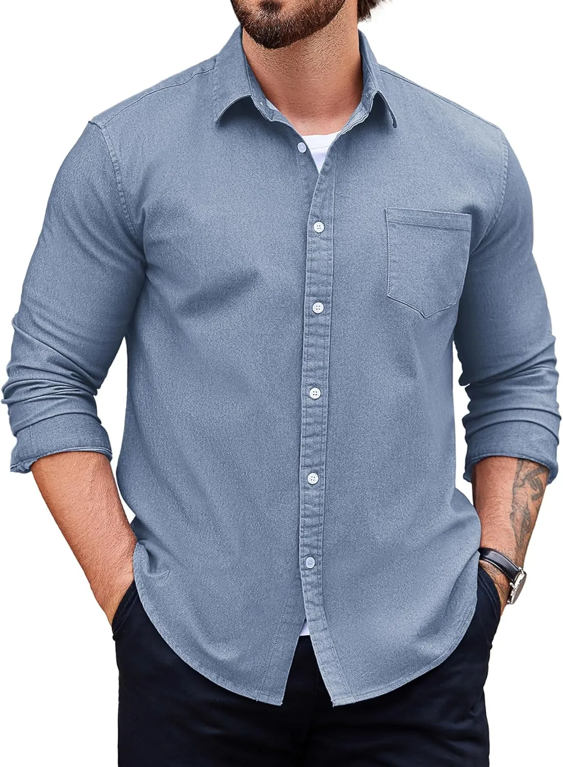COOFANDY Men's Denim Shirt Long Sleeve Casual Button Down Shirts Western Work Shirt