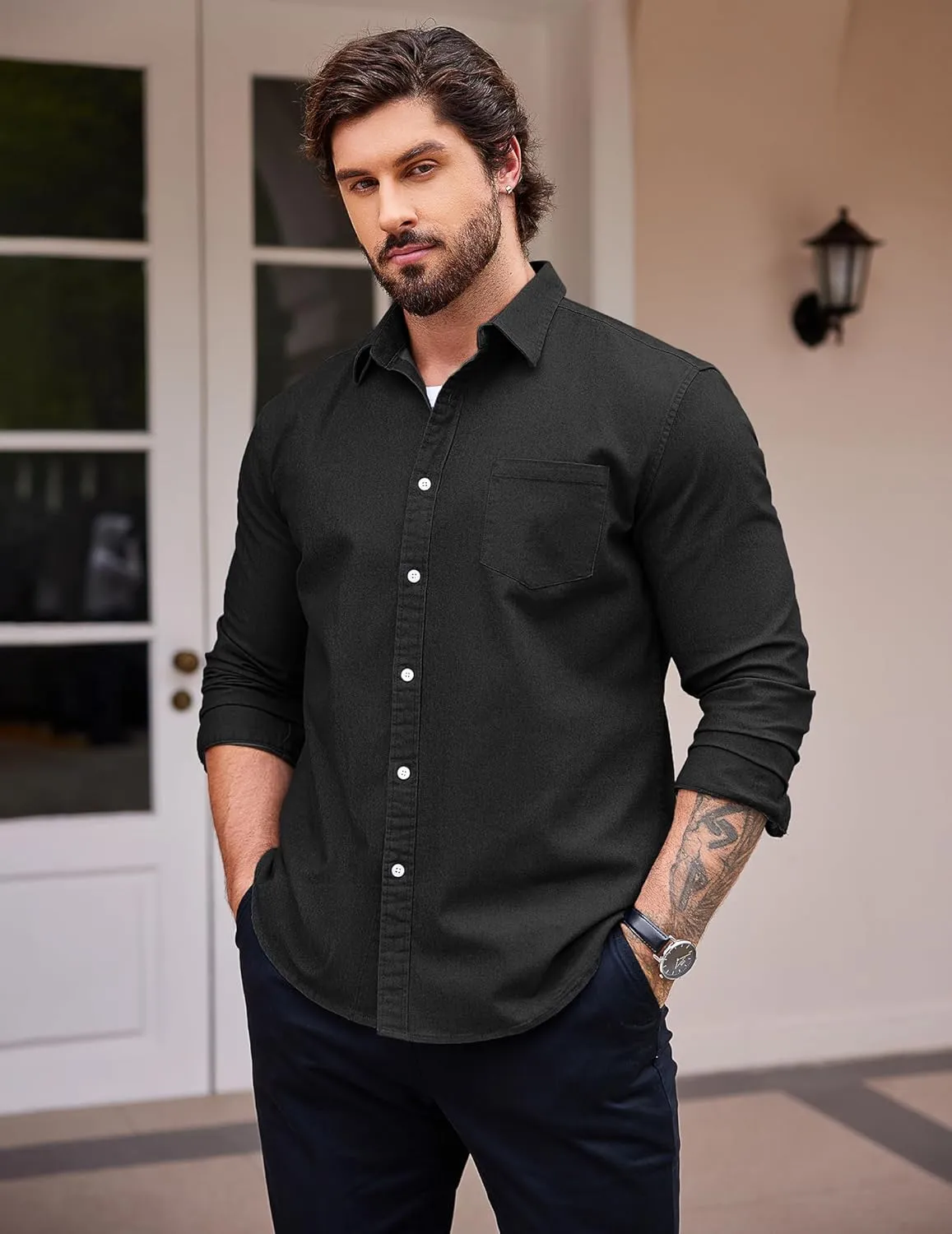 COOFANDY Men's Denim Shirt Long Sleeve Casual Button Down Shirts Western Work Shirt