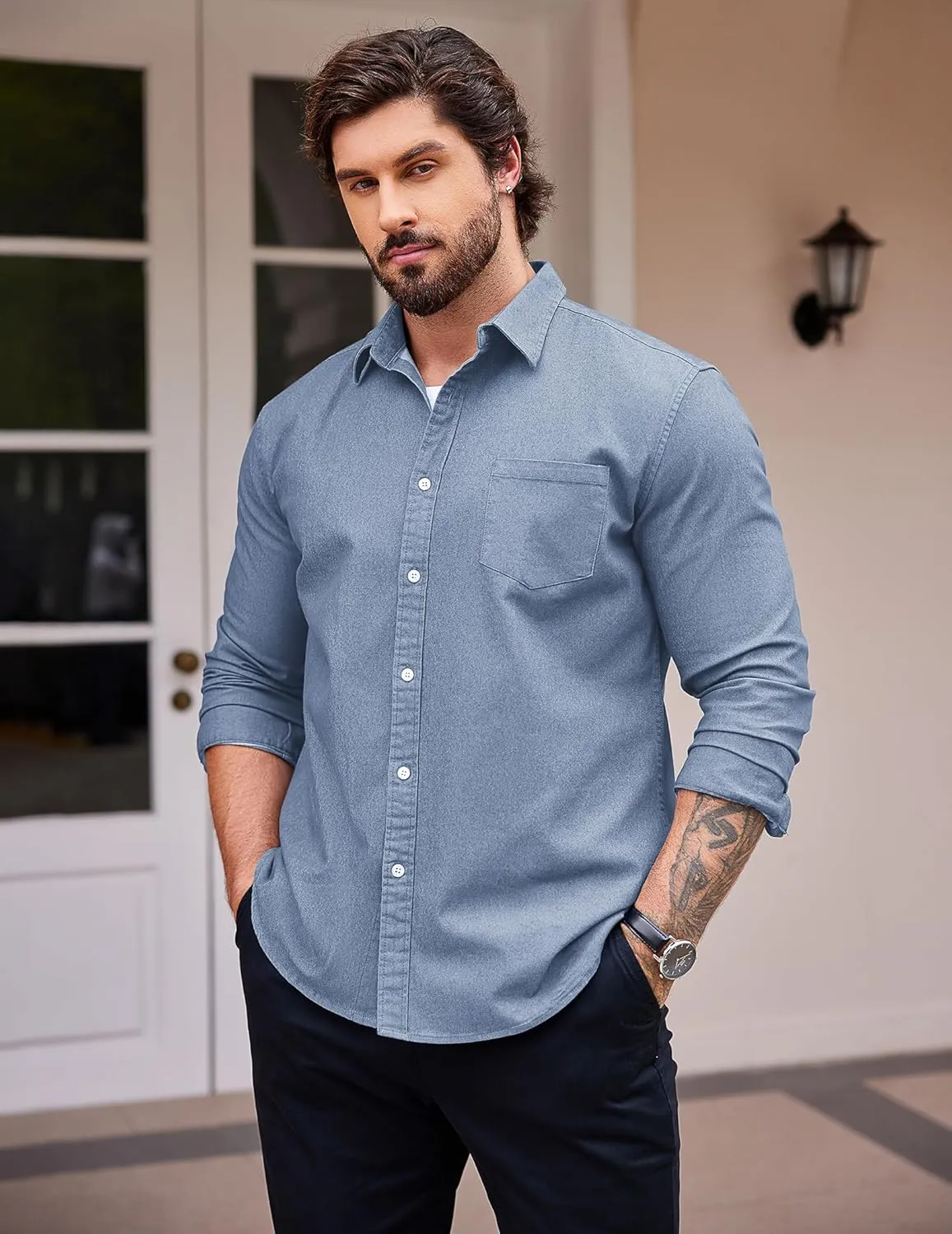 COOFANDY Men's Denim Shirt Long Sleeve Casual Button Down Shirts Western Work Shirt