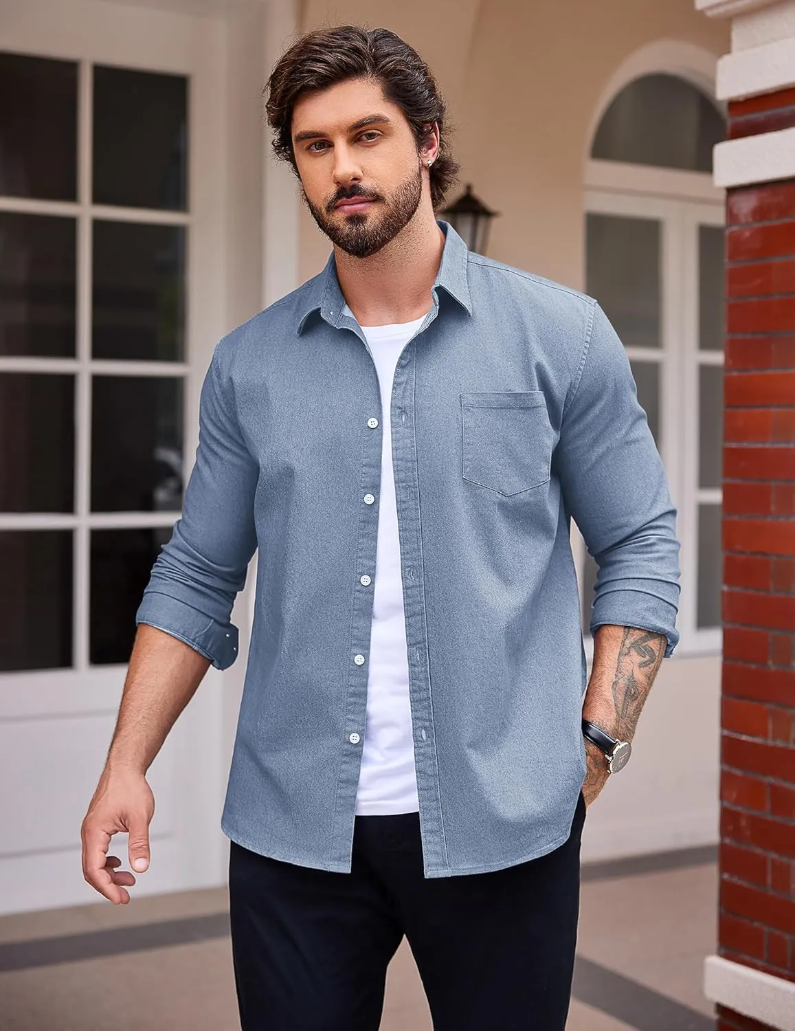 COOFANDY Men's Denim Shirt Long Sleeve Casual Button Down Shirts Western Work Shirt