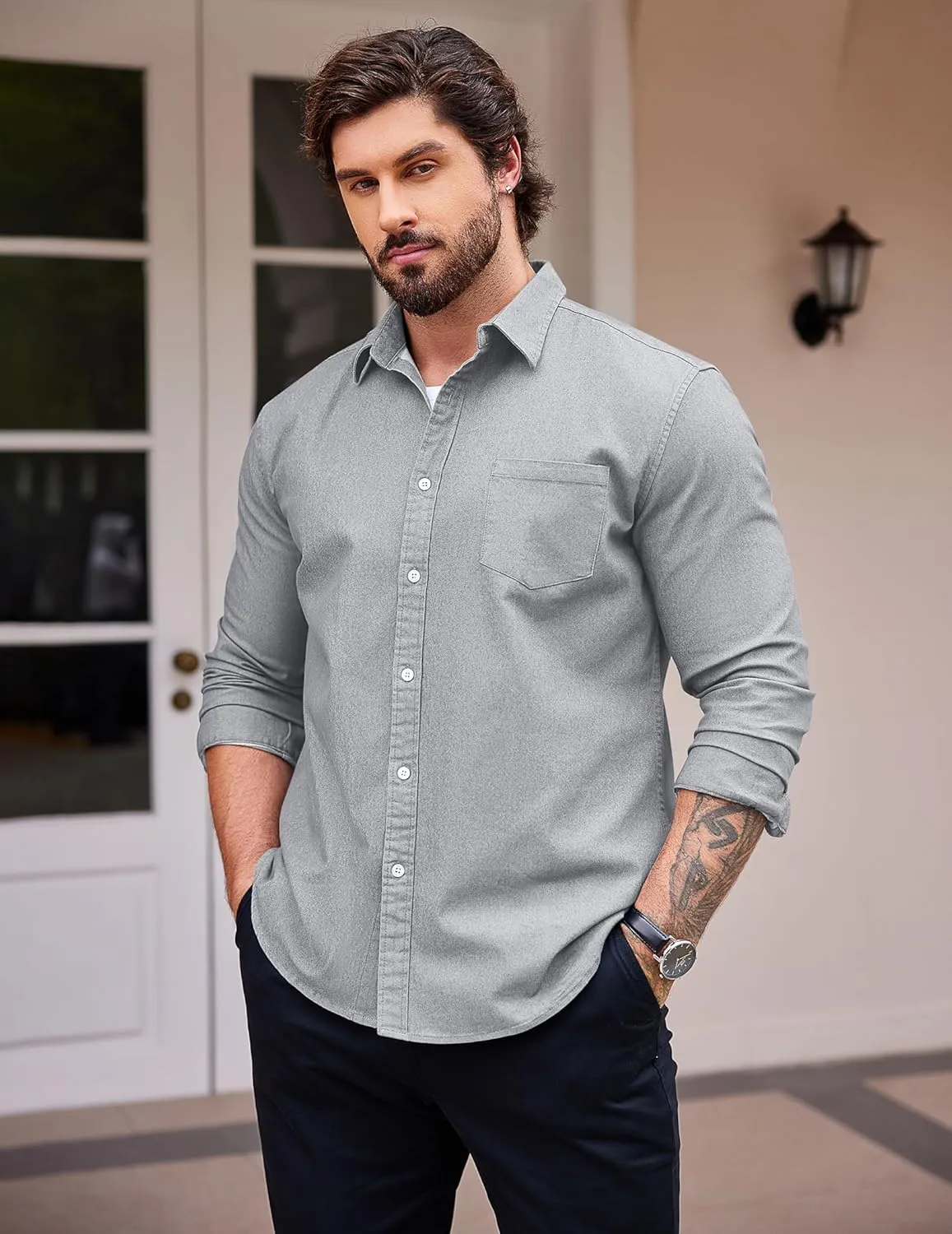 COOFANDY Men's Denim Shirt Long Sleeve Casual Button Down Shirts Western Work Shirt