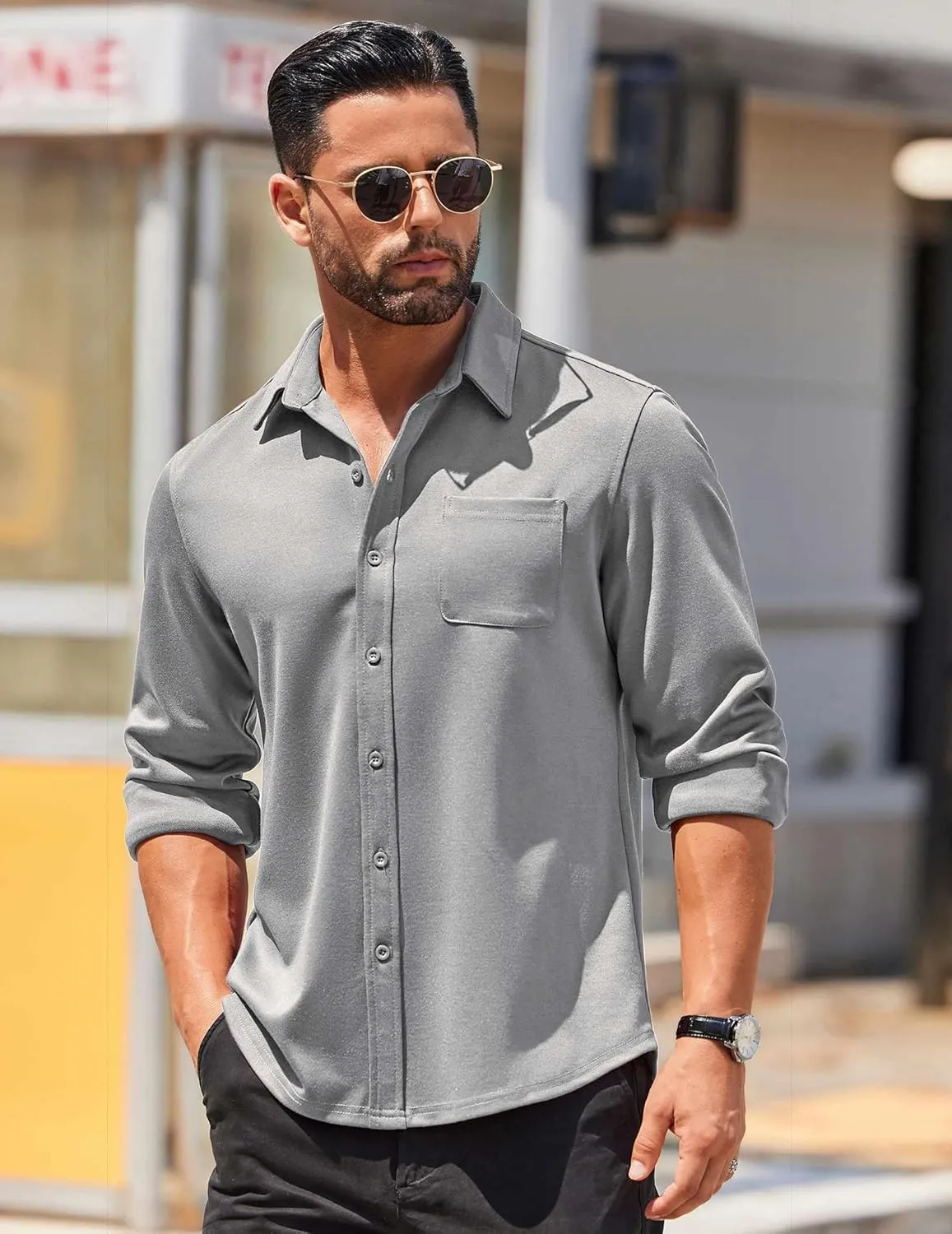 COOFANDY Mens Long Sleeve Wrinkle Free Shirts Casual Button Down Stretch Dress Shirt with Pocket