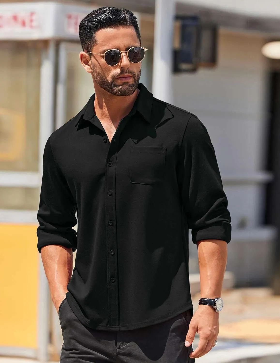 COOFANDY Mens Long Sleeve Wrinkle Free Shirts Casual Button Down Stretch Dress Shirt with Pocket