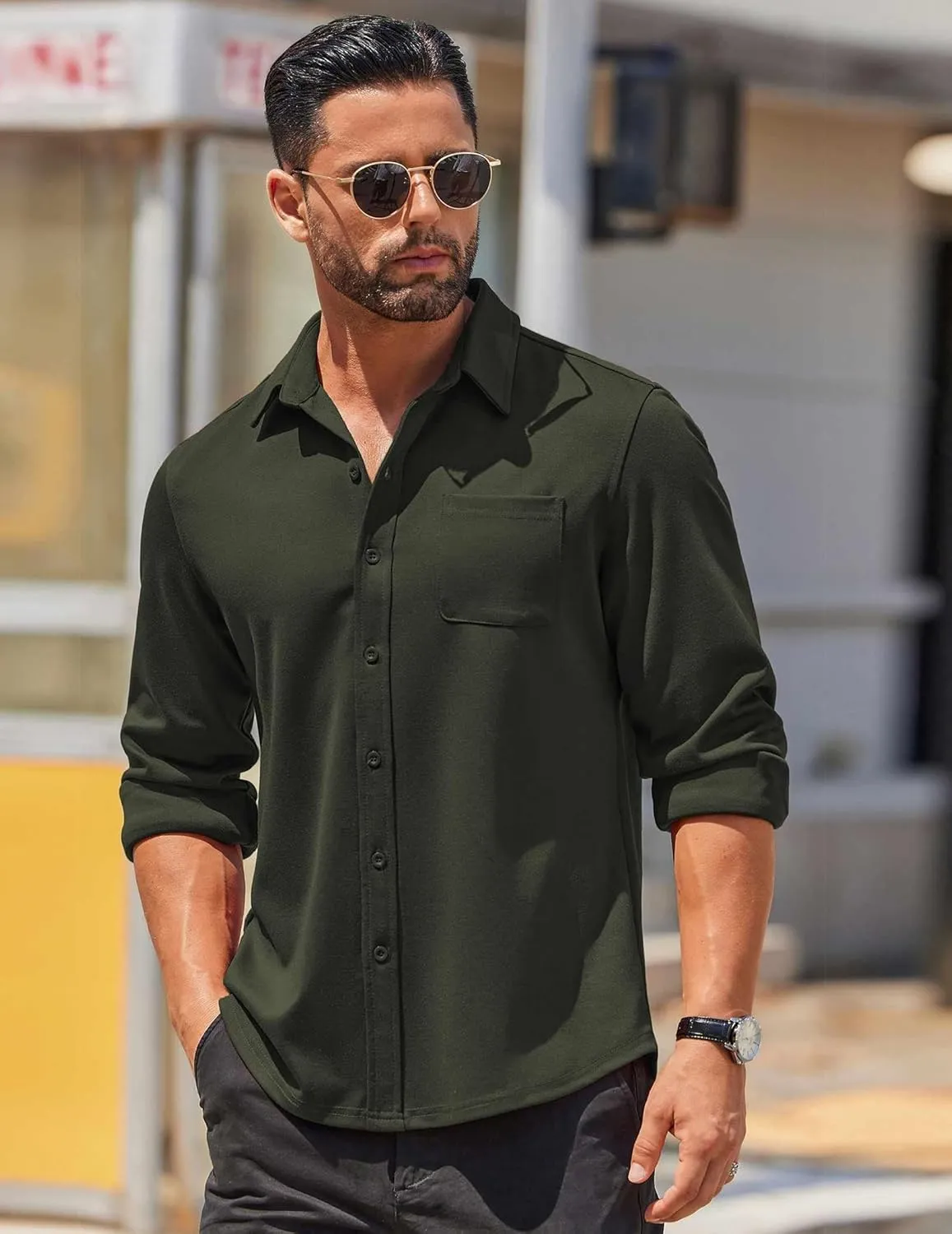 COOFANDY Mens Long Sleeve Wrinkle Free Shirts Casual Button Down Stretch Dress Shirt with Pocket