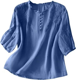 Cotton Linen Button Short Sleeve Shirts Vintage Embroidered Blouse Tops Summer Women Crew Neck Casual Boho Top 2025