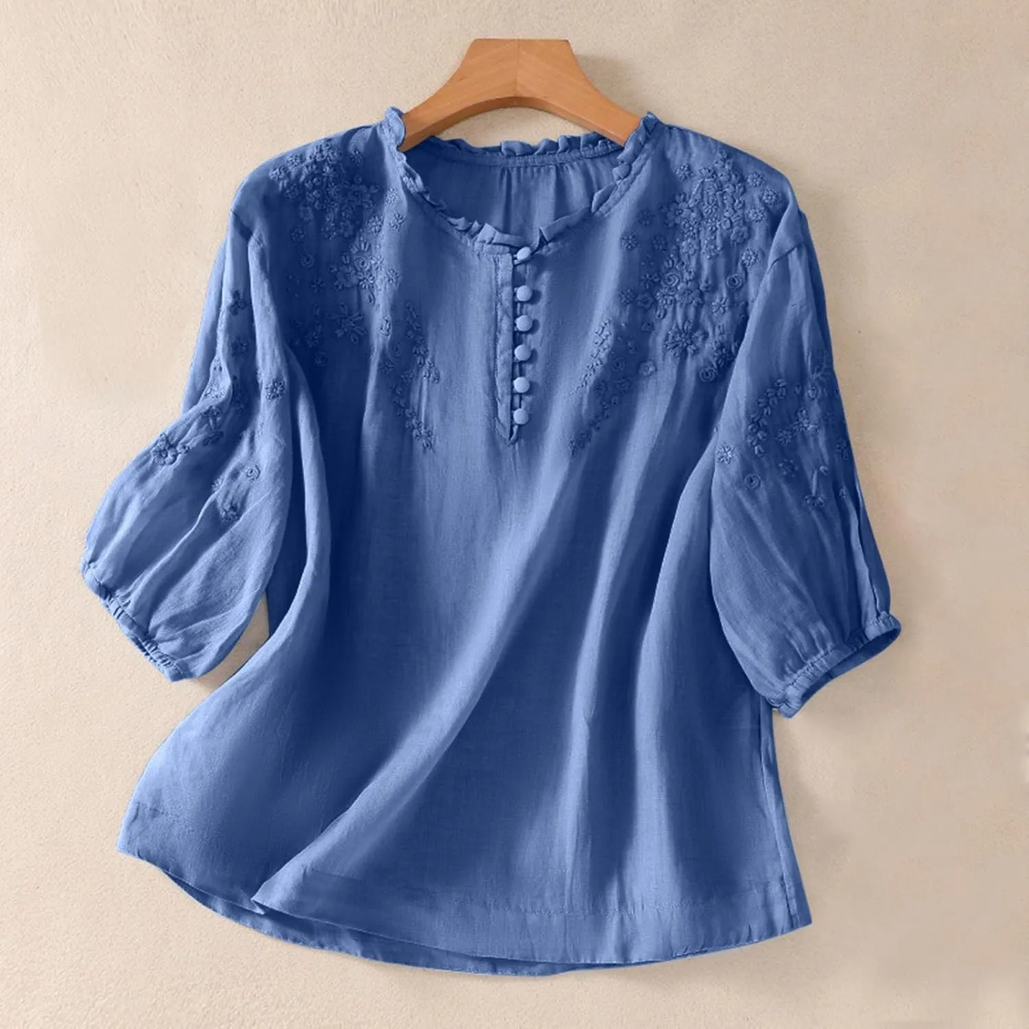 Cotton Linen Button Short Sleeve Shirts Vintage Embroidered Blouse Tops Summer Women Crew Neck Casual Boho Top 2025