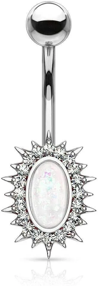 Covet Jewelry Crystal Paved Sunburst with Opal Glitter Center 316L Surgical Steel Belly Button Navel Ring