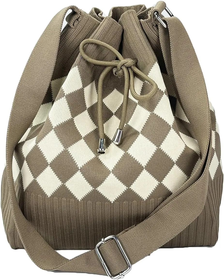 Crochet Checkered Bucket Bag Women Knit Shoulder Tote Hobo Bags Crossbody Purse Summer Beach Bag Drawstring Handbag 2025