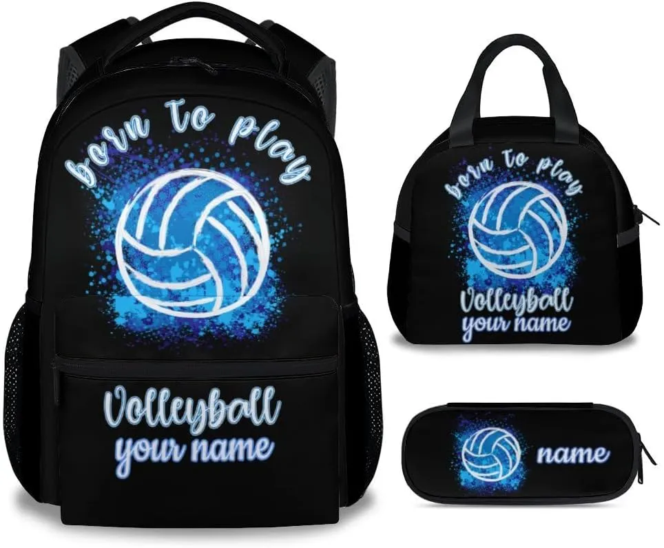 Custom Volleyball Backpack with Lunch Box and Pencil Case Set, 3PCS Matching Teens Black Backpacks Combo, Cool Bookbag and Pencil Case Bundle