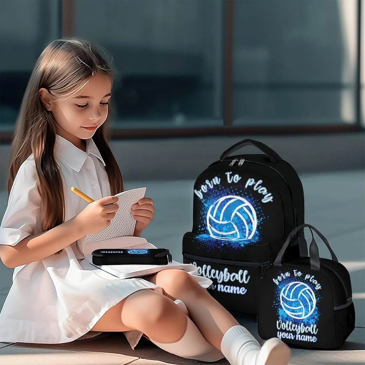Custom Volleyball Backpack with Lunch Box and Pencil Case Set, 3PCS Matching Teens Black Backpacks Combo, Cool Bookbag and Pencil Case Bundle