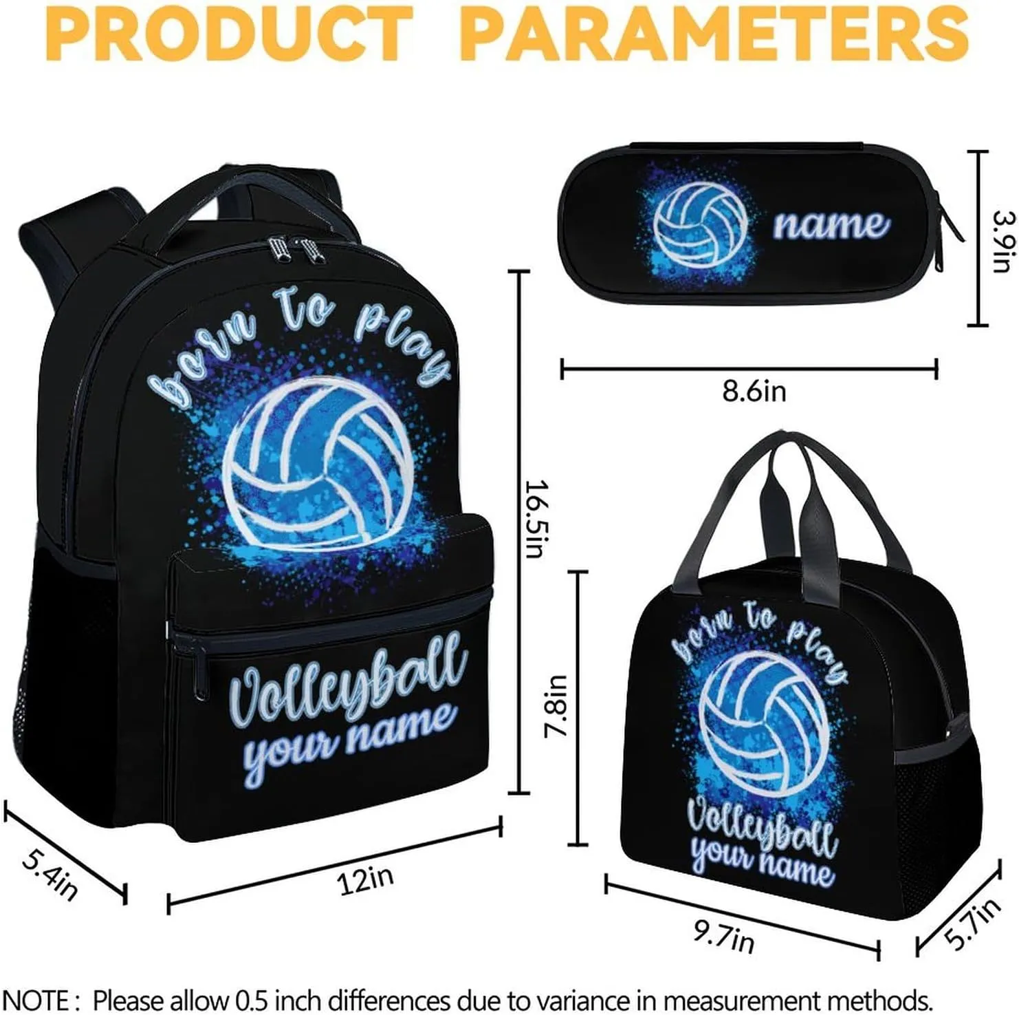 Custom Volleyball Backpack with Lunch Box and Pencil Case Set, 3PCS Matching Teens Black Backpacks Combo, Cool Bookbag and Pencil Case Bundle
