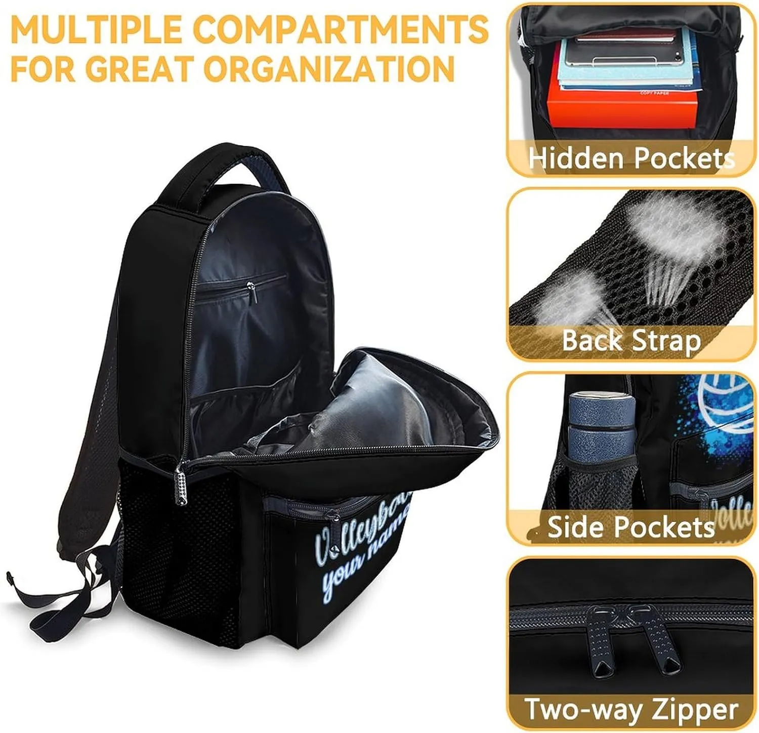 Custom Volleyball Backpack with Lunch Box and Pencil Case Set, 3PCS Matching Teens Black Backpacks Combo, Cool Bookbag and Pencil Case Bundle