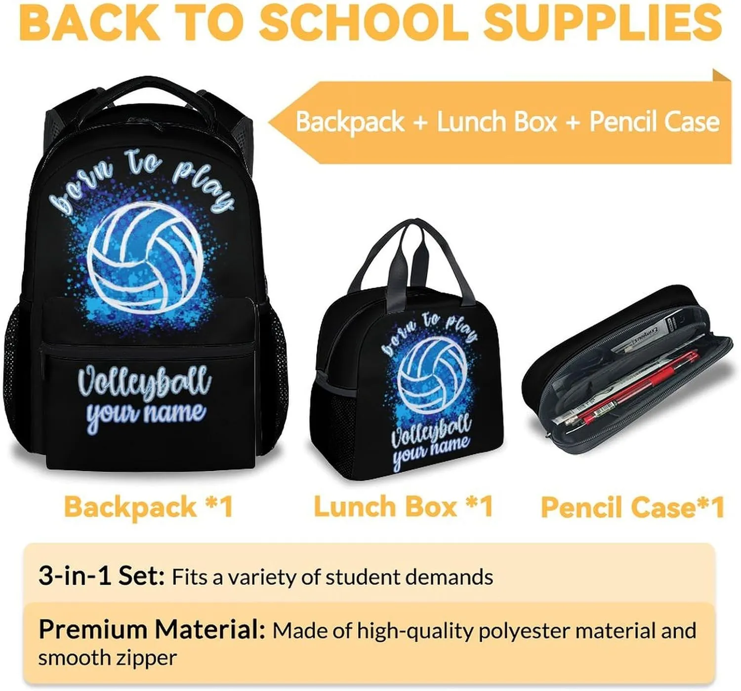 Custom Volleyball Backpack with Lunch Box and Pencil Case Set, 3PCS Matching Teens Black Backpacks Combo, Cool Bookbag and Pencil Case Bundle
