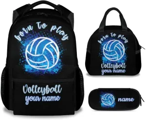 Custom Volleyball Backpack with Lunch Box and Pencil Case Set, 3PCS Matching Teens Black Backpacks Combo, Cool Bookbag and Pencil Case Bundle