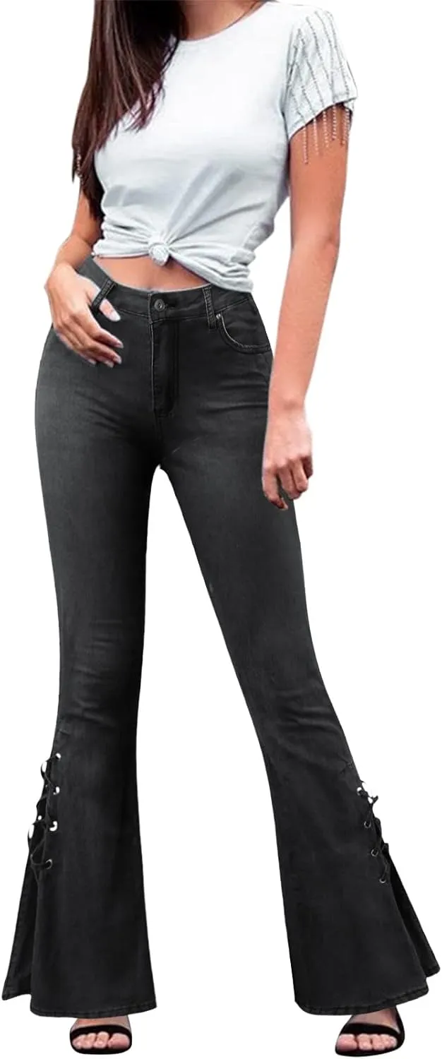 Cute Bell Bottom Jeans for Teen Girls Mid Waisted Wide Leg Bootcut Denim Pants Stretch Skinny Distressed Curvy Jeans