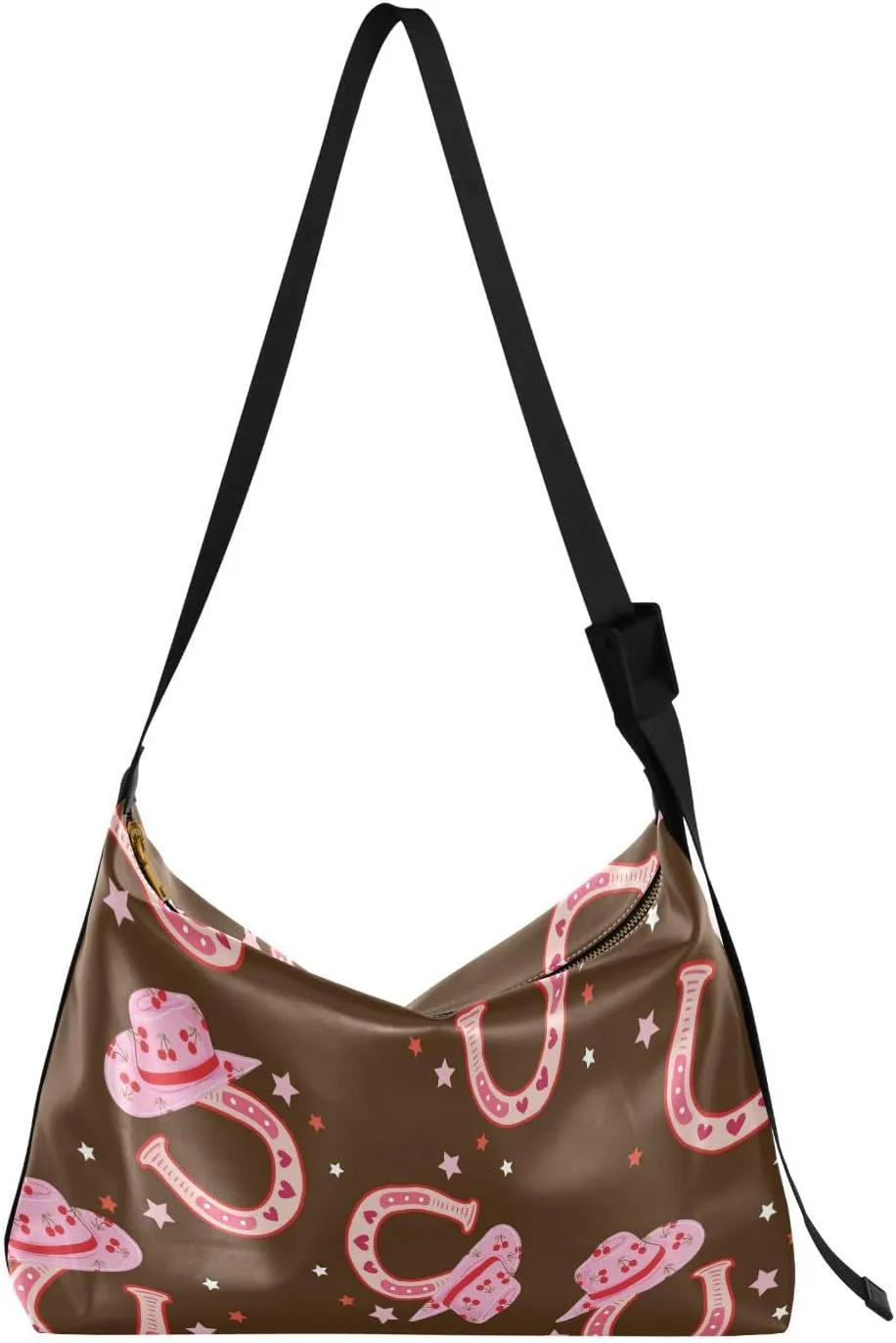 Cute Cowgirl Hobo Crossbody Bags for Women Leather Large Shoulder Bag Cross Body Pink Trendy Womens Tote Bags Handbag for Travel Shopping