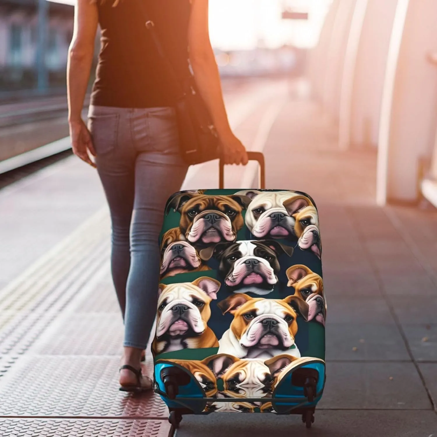 cute english bulldog Print Practical Elastic Washable Travel Luggage Cover with Concealed Zipper for Suitcases