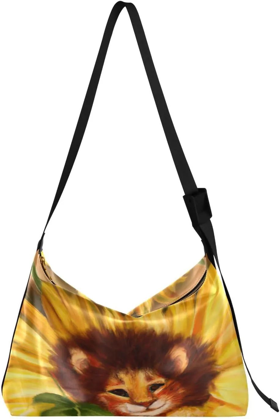 Cute Lion Sunflower Hobo Crossbody Bags for Women Leather Large Shoulder Bag Cross Body Trendy Womens Tote Bags Handbag for Travel Shopping