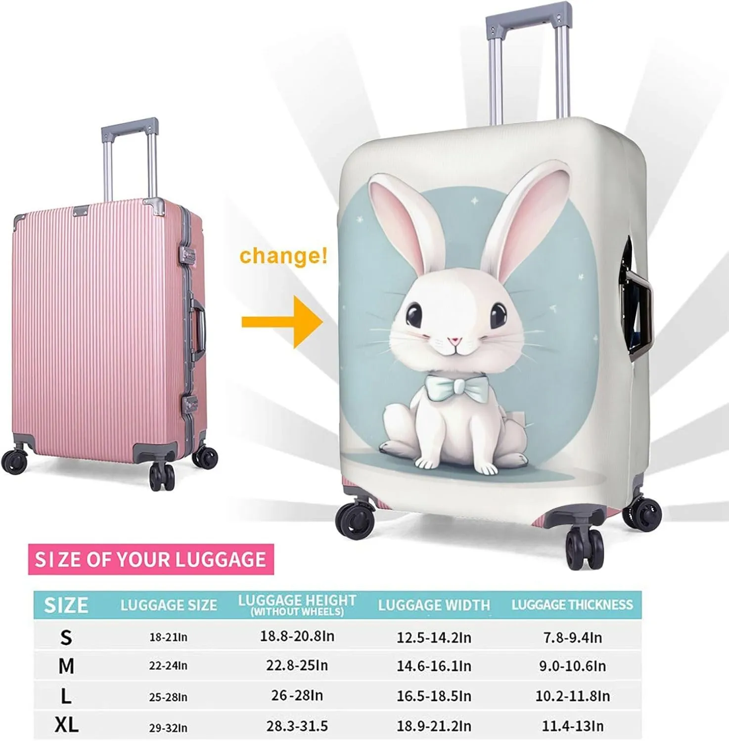Cute White Rabbit print Print Practical Elastic Washable Travel Luggage Cover with Concealed Zipper for Suitcases