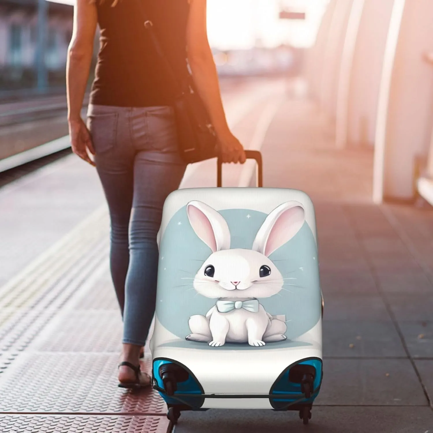 Cute White Rabbit print Print Practical Elastic Washable Travel Luggage Cover with Concealed Zipper for Suitcases