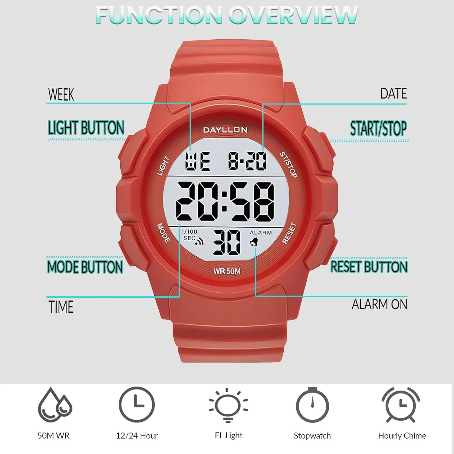 Dayllon Watch for Men Digital Sports Watches Waterproof Military Multifunction Chronograph Stopwatch Wristwatch with LED Backlight/Alarm/Date