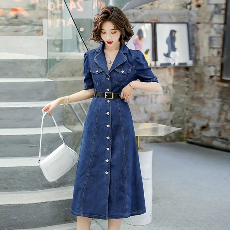 DEANWANGKT  Summer  Women Denim Straight Slim Jeans Solid High Waist Short Sleeve Casual Dresses