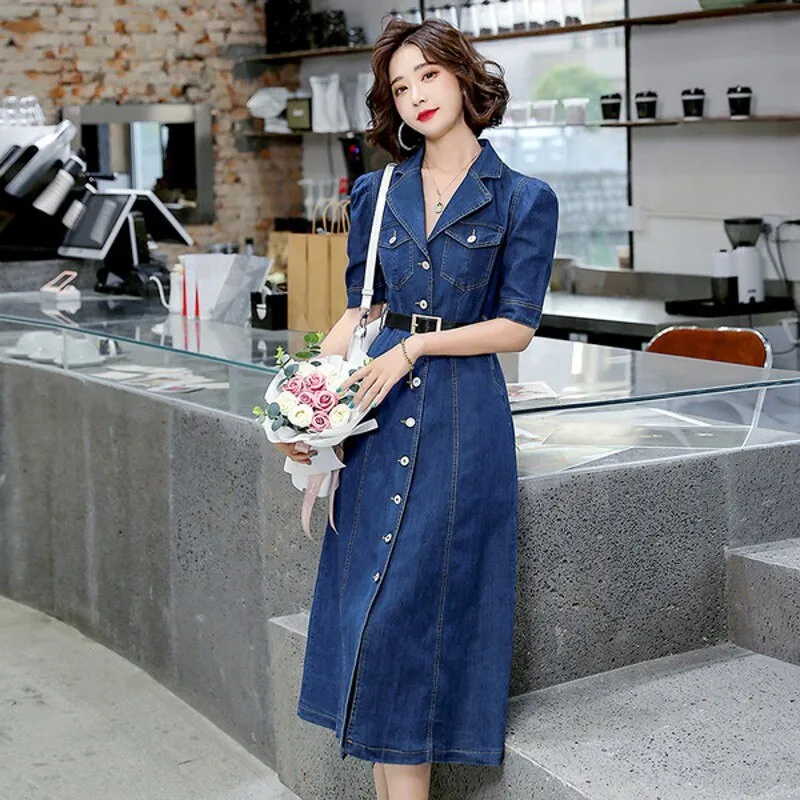 DEANWANGKT  Summer  Women Denim Straight Slim Jeans Solid High Waist Short Sleeve Casual Dresses
