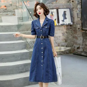 DEANWANGKT  Summer  Women Denim Straight Slim Jeans Solid High Waist Short Sleeve Casual Dresses