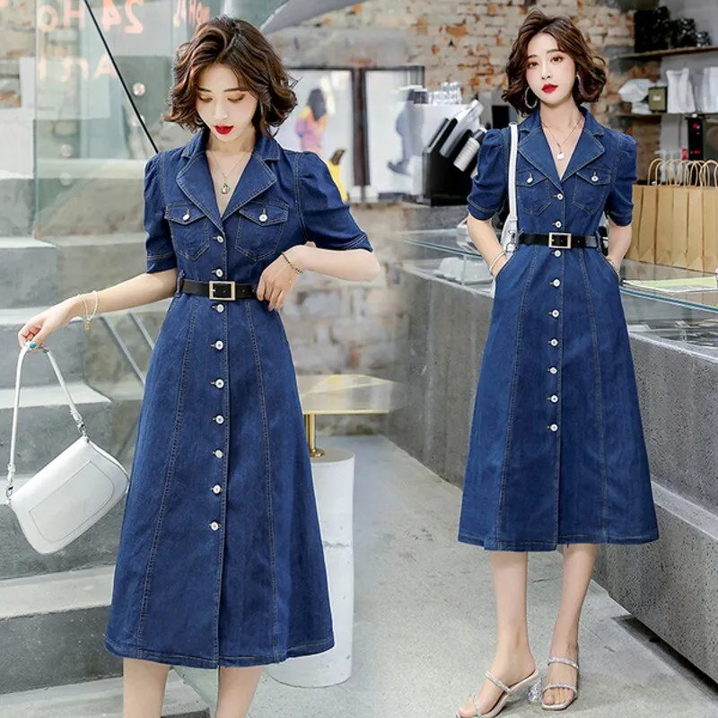 DEANWANGKT  Summer  Women Denim Straight Slim Jeans Solid High Waist Short Sleeve Casual Dresses
